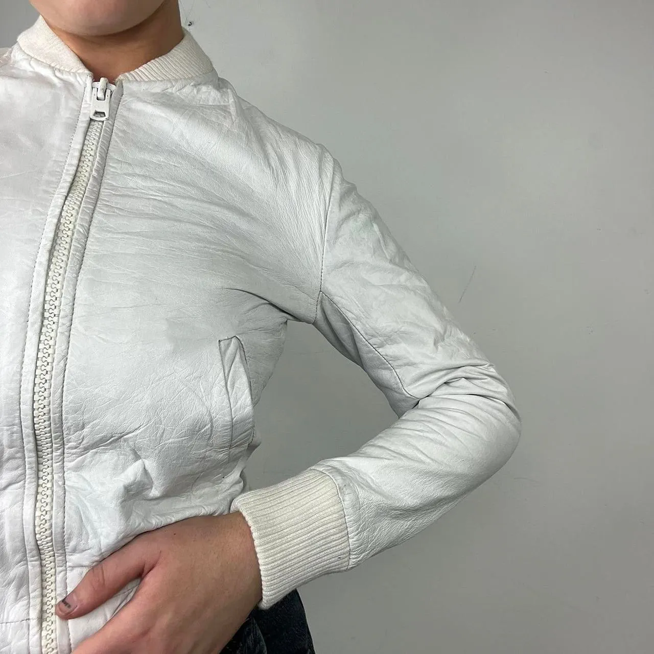 00a white leather bomber jacket