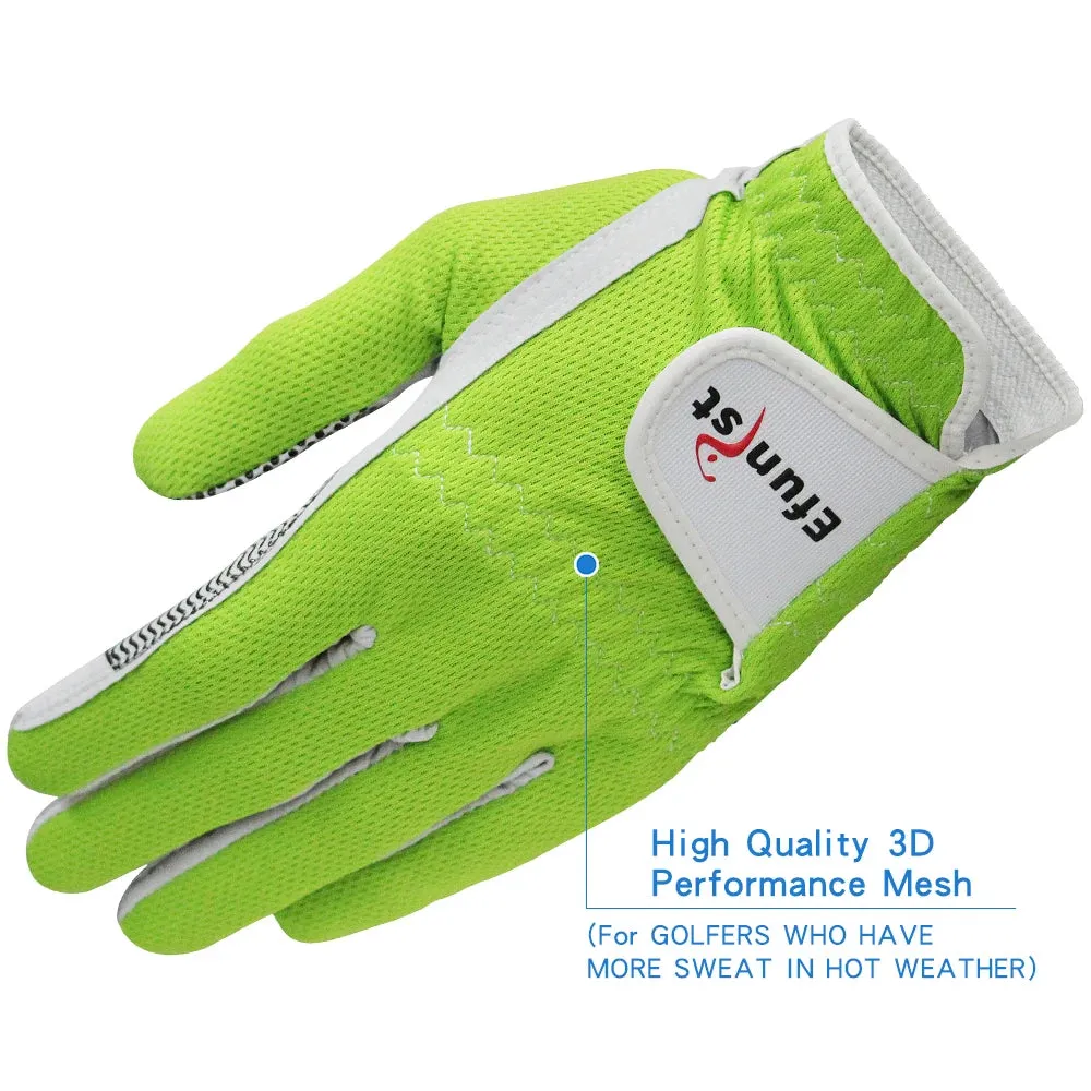 3 PCS Men's Golf Gloves – Breathable Mesh, All-Weather Grip, Green/Orange/Purple/Black, Left Hand
