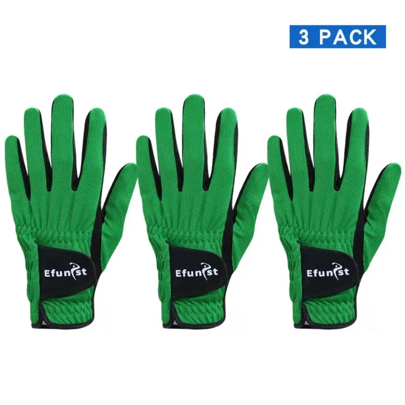 3 PCS Men's Golf Gloves – Breathable Mesh, All-Weather Grip, Green/Orange/Purple/Black, Left Hand