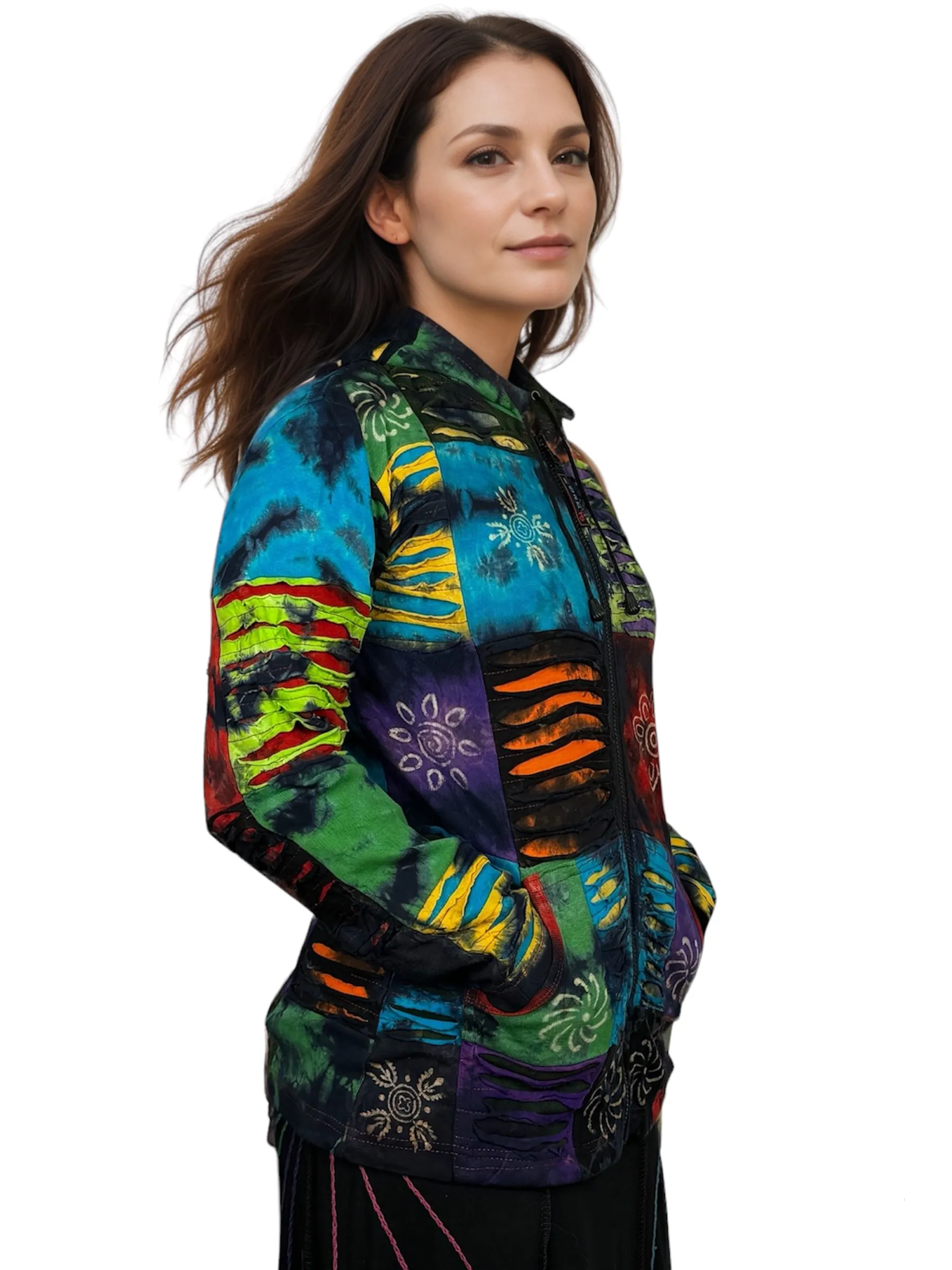 338 RJ Tie Dye Knit Cotton Razor Cut Patched Hoodie Sweatshirts Jacket