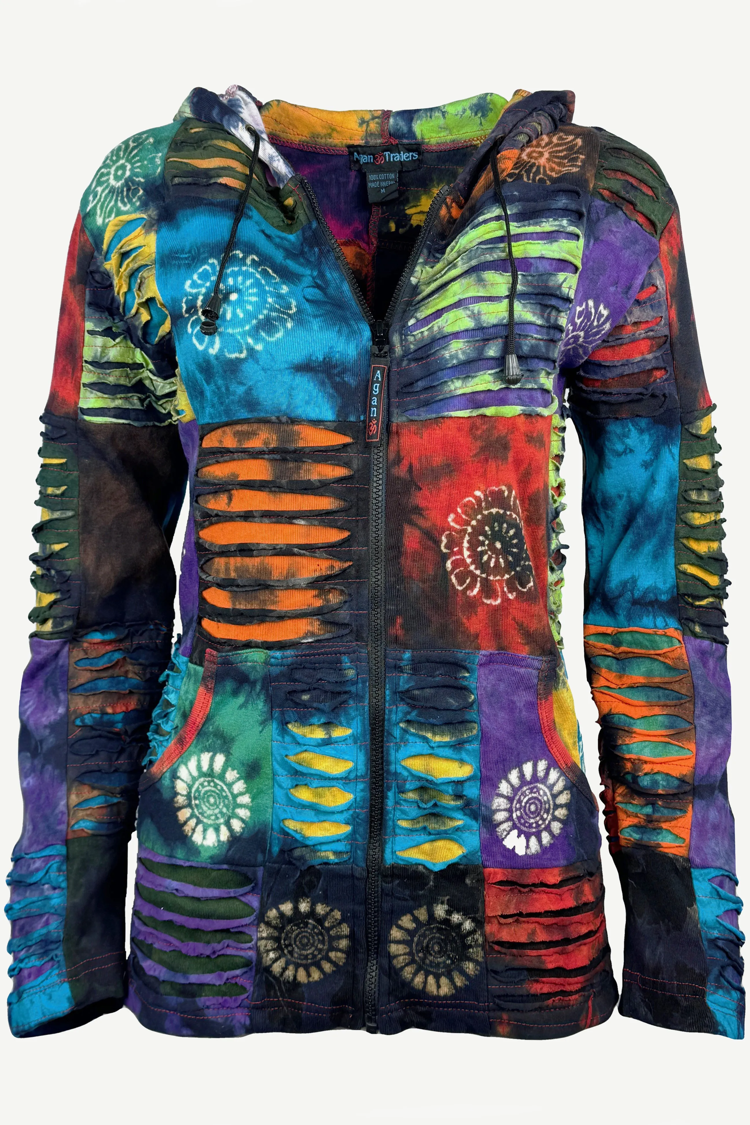 338 RJ Tie Dye Knit Cotton Razor Cut Patched Hoodie Sweatshirts Jacket
