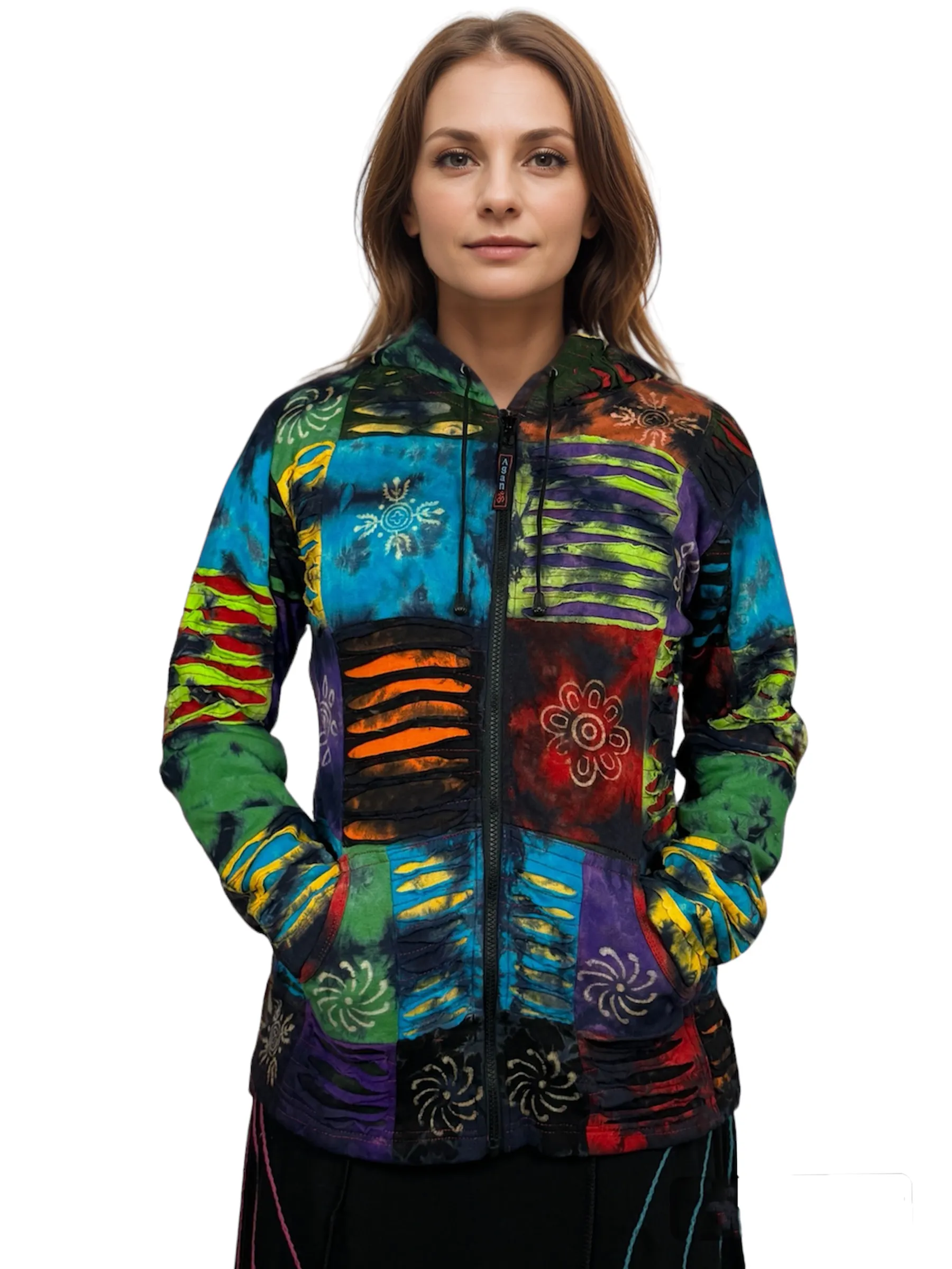 338 RJ Tie Dye Knit Cotton Razor Cut Patched Hoodie Sweatshirts Jacket
