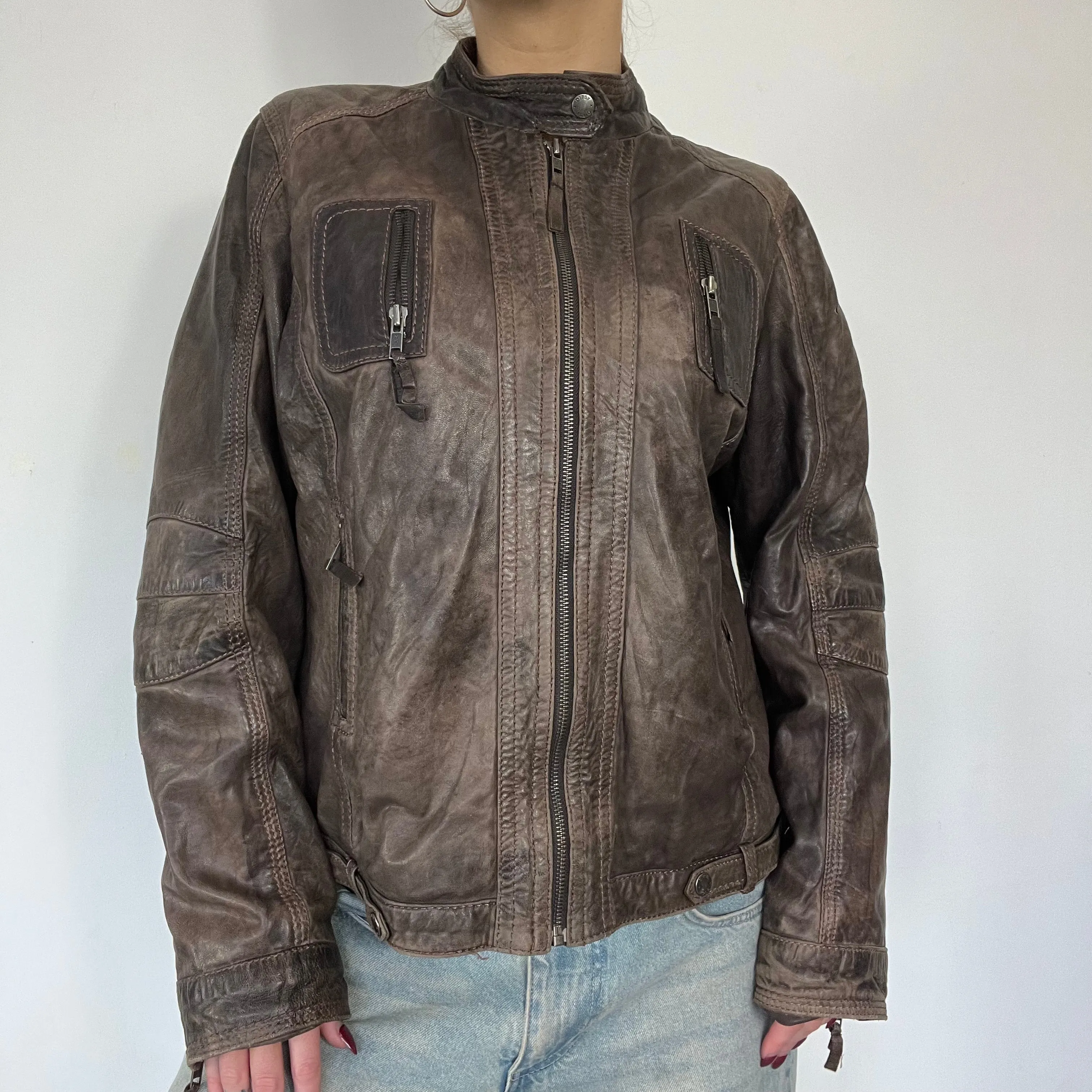90s brown distressed zipper leather jacket - Size L