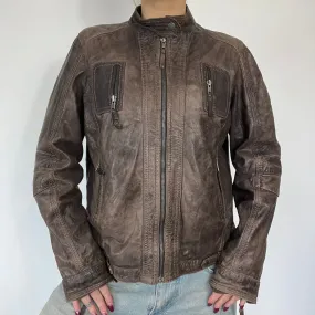 90s brown distressed zipper leather jacket - Size L