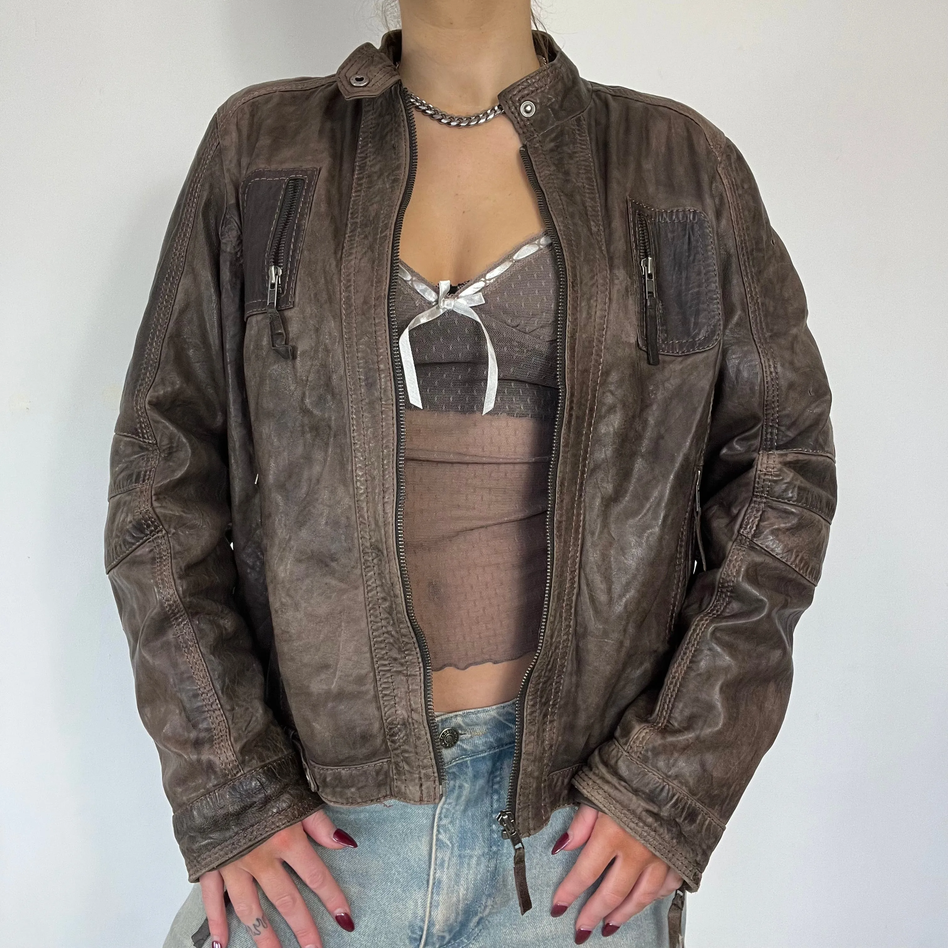 90s brown distressed zipper leather jacket - Size L