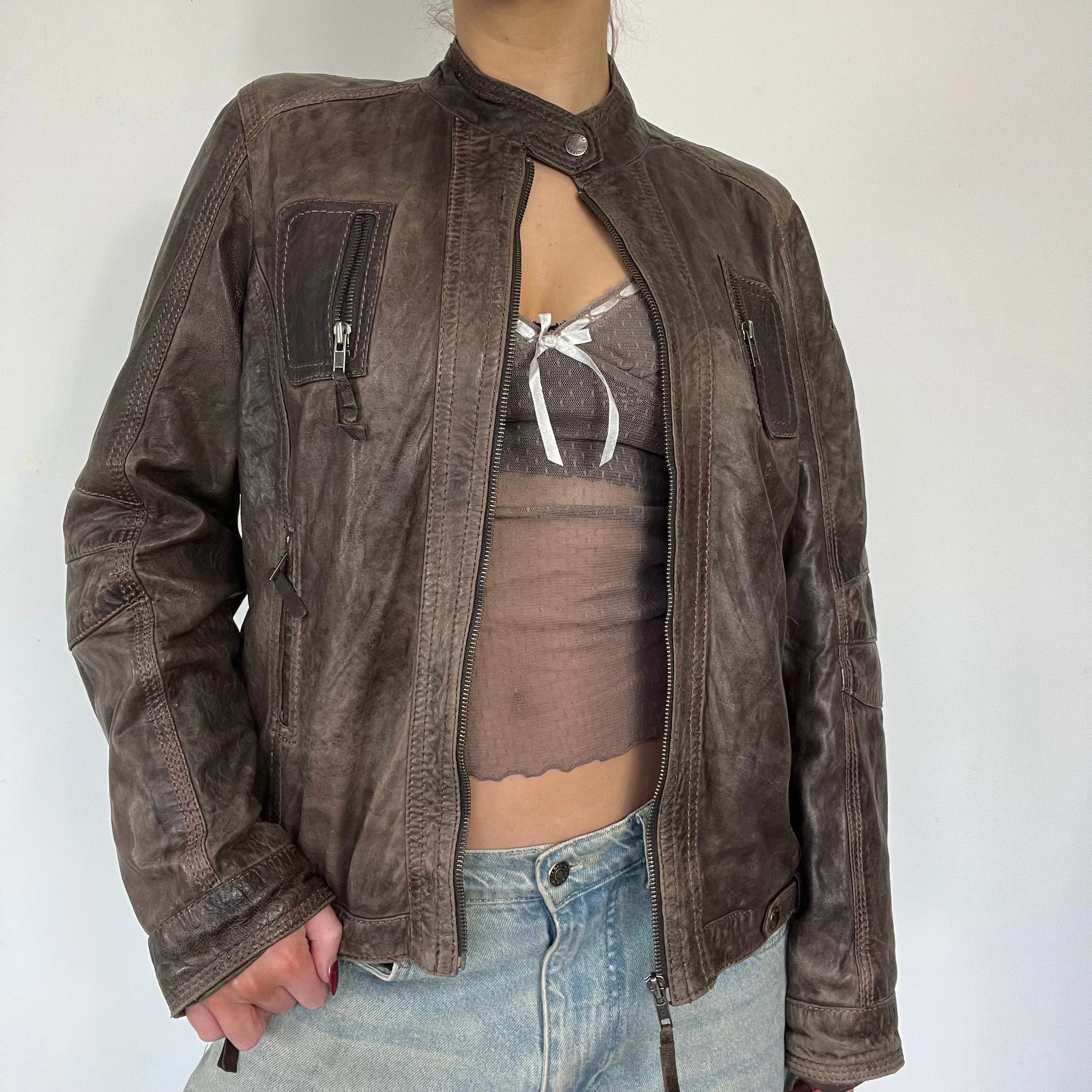 90s brown distressed zipper leather jacket - Size L
