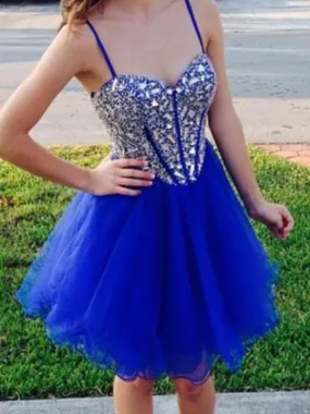 A-Line Tulle Sweetheart Homecoming Dress Sleeveless Short With Beading
