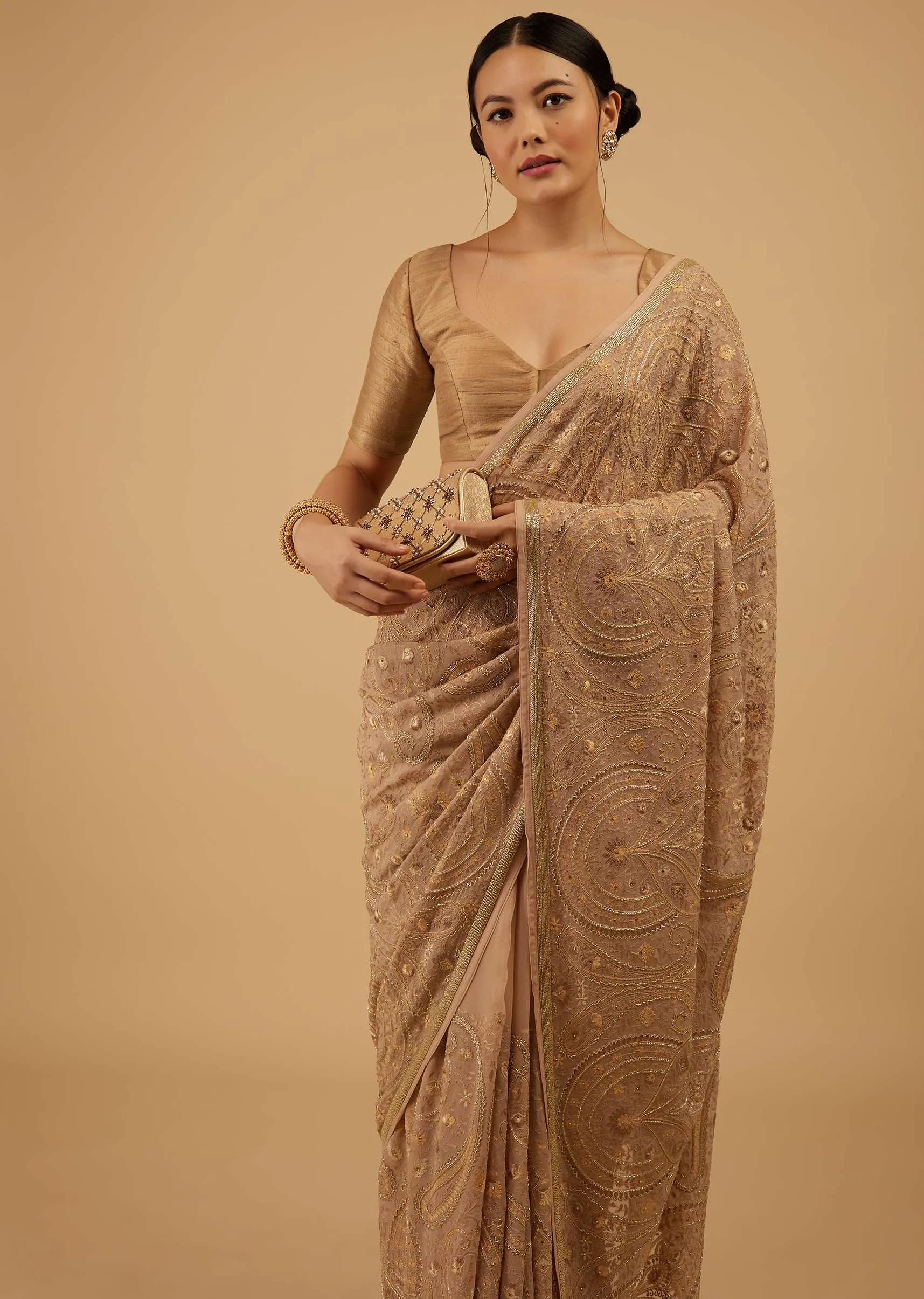 Beige Brown Saree Kashmiri Embroidered In Georgette