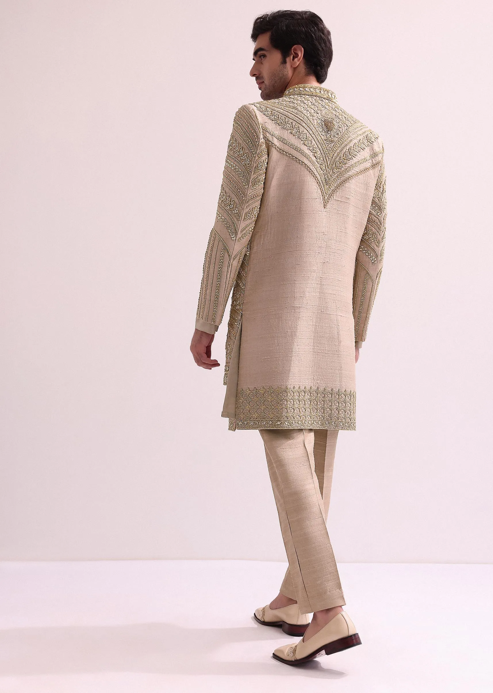 Beige Double Layered Round Cut Sherwani And Kurta Set