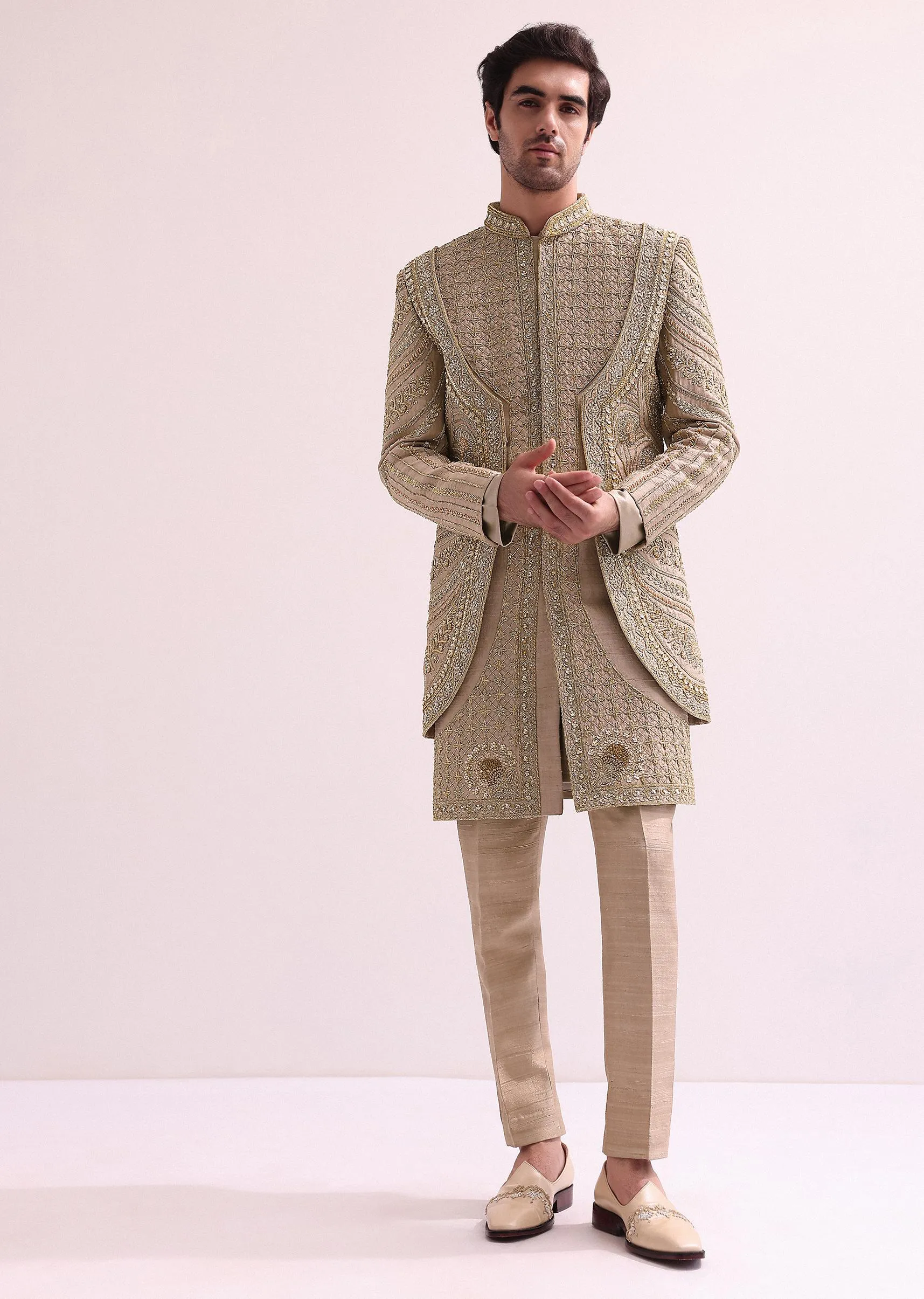 Beige Double Layered Round Cut Sherwani And Kurta Set