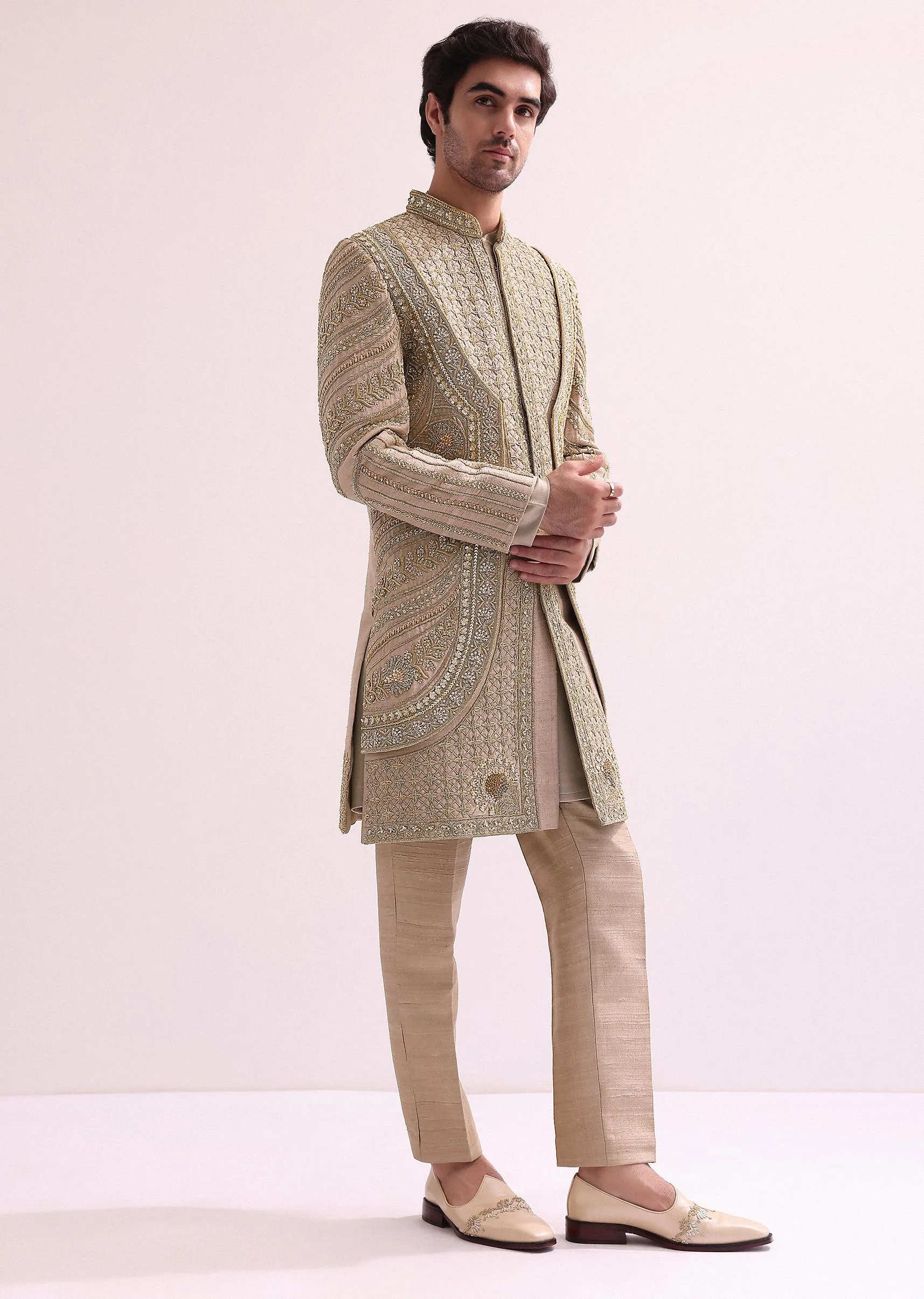 Beige Double Layered Round Cut Sherwani And Kurta Set