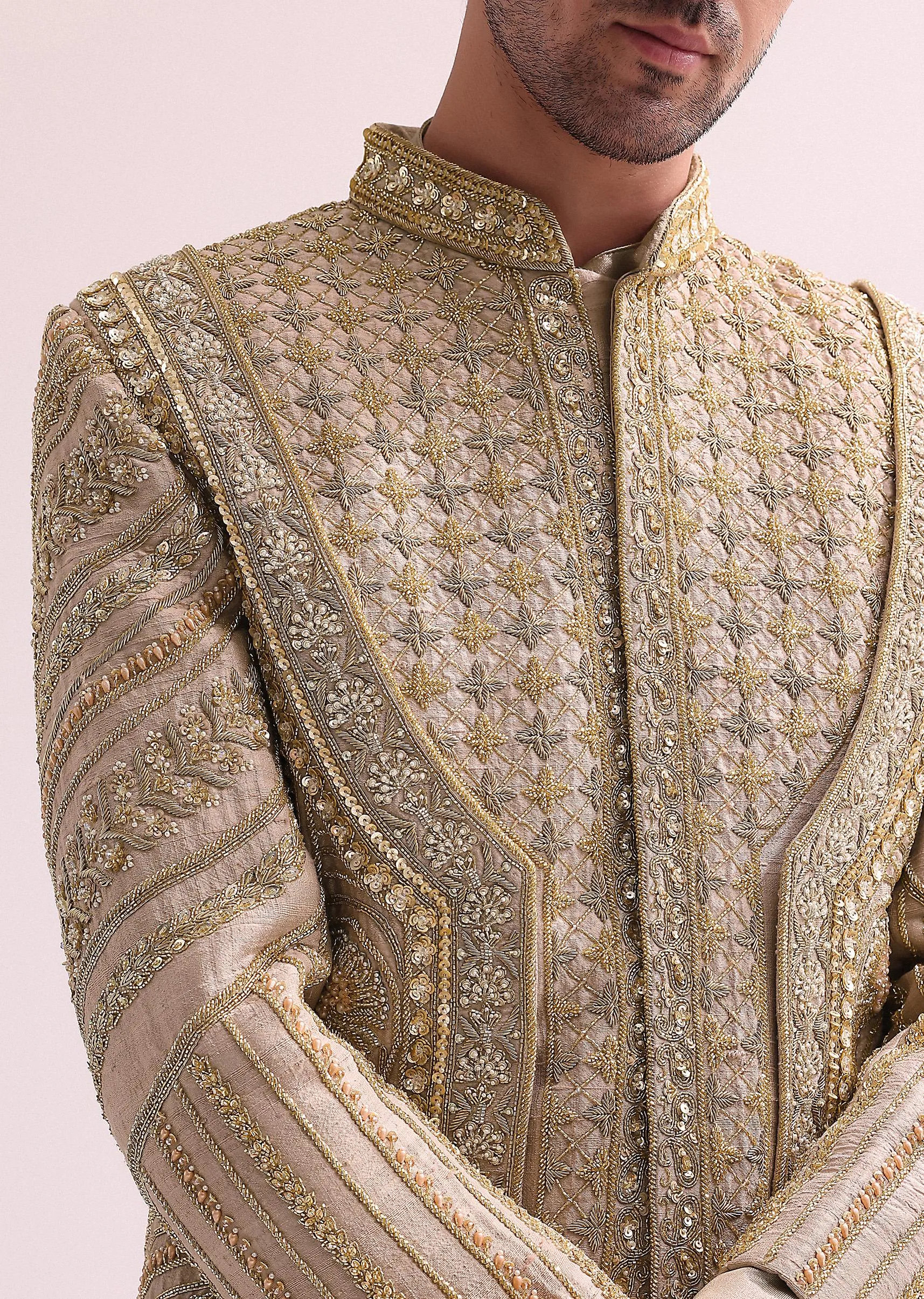 Beige Double Layered Round Cut Sherwani And Kurta Set