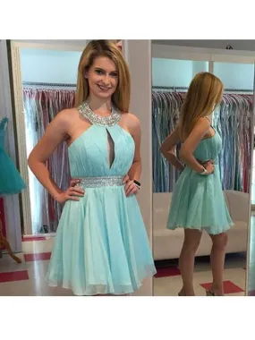 Bridelily A-Line Chiffon Halter Sleeveless Short/Mini With Beading Prom Dresses