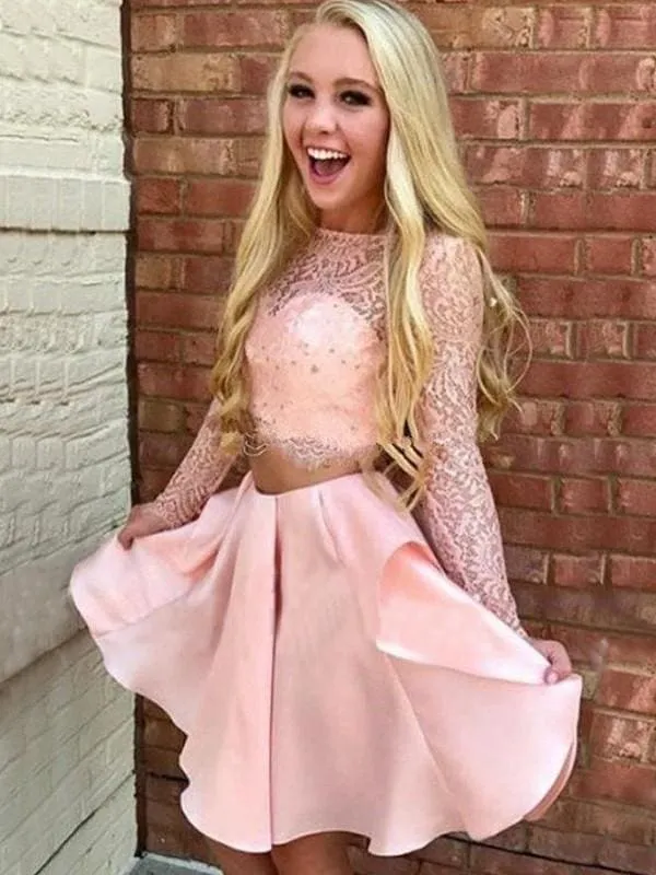 Bridelily A-Line Long Sleeves High Neck Satin With Lace Short/Mini Two Piece Dresses