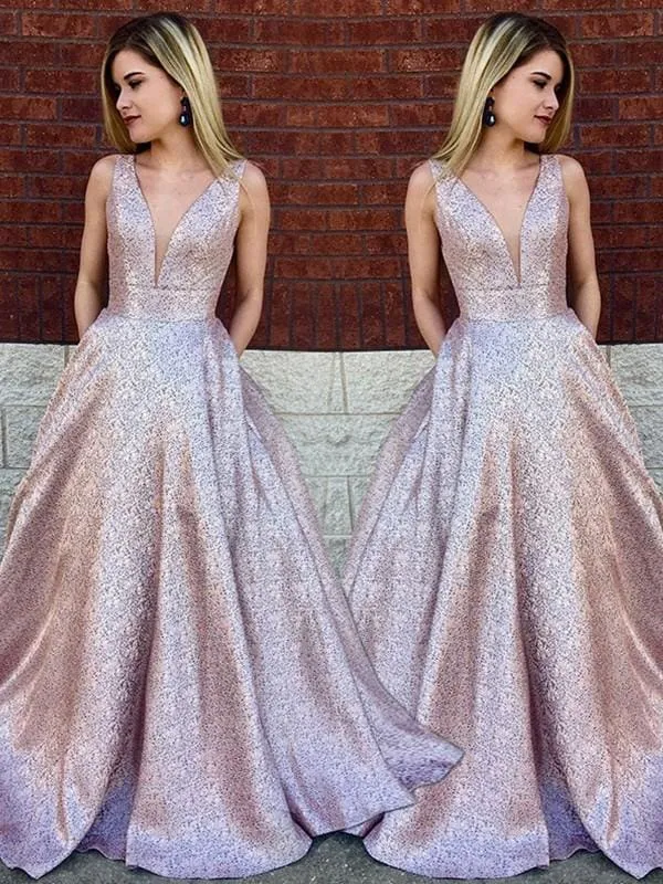 Bridelily A-Line Sleeveless V-Neck Sweep/Brush Train Sequins Dresses