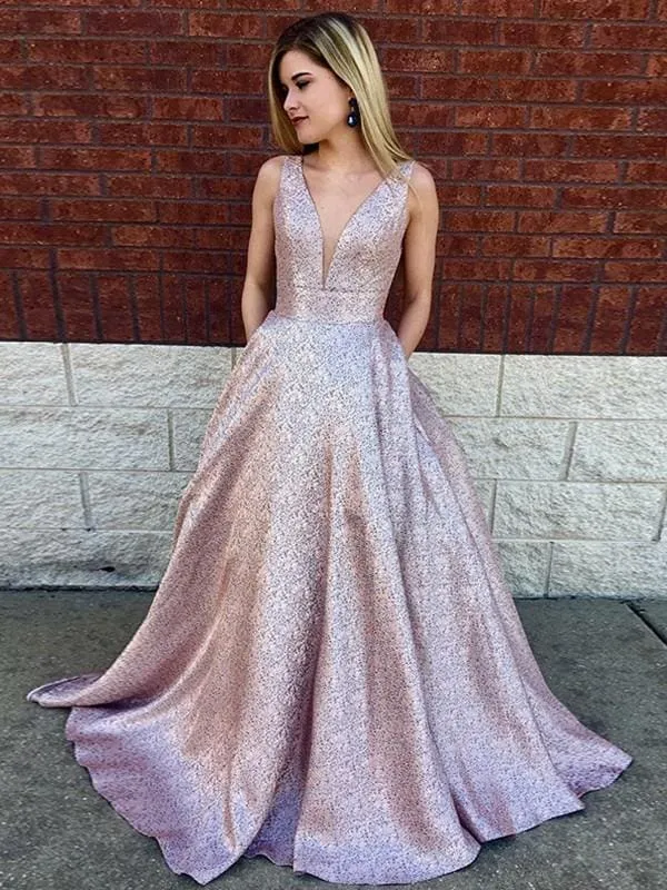 Bridelily A-Line Sleeveless V-Neck Sweep/Brush Train Sequins Dresses