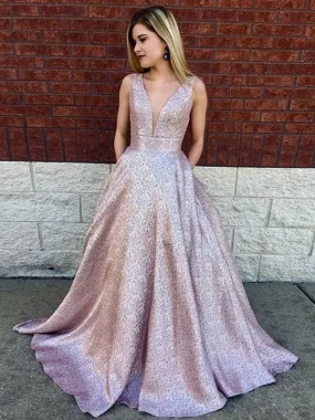 Bridelily A-Line Sleeveless V-Neck Sweep/Brush Train Sequins Dresses