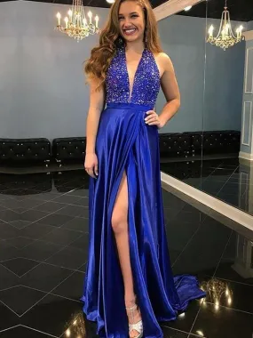 Bridelily A-Line Sleeveless V-Neck Sweep/Brush Train With Beading Satin Dresses