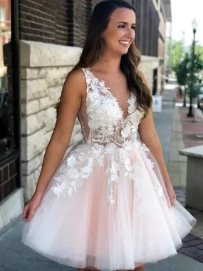 Bridelily A-Line Sleeveless V-neck Tulle With Applique Short/Mini Dresses