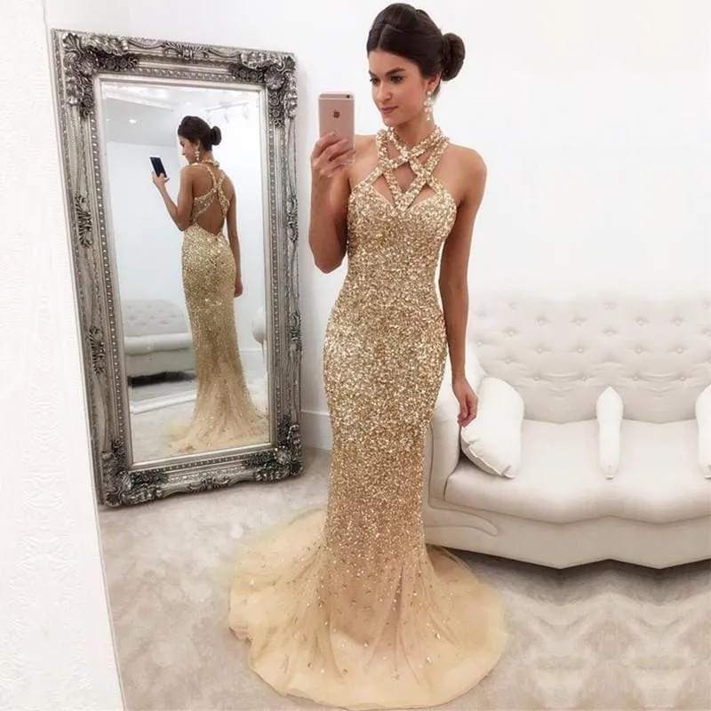 Bridelily Gorgeous Crystals Mermaid Sleeveless Halter Zipper-Back Prom Dress