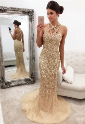 Bridelily Gorgeous Crystals Mermaid Sleeveless Halter Zipper-Back Prom Dress