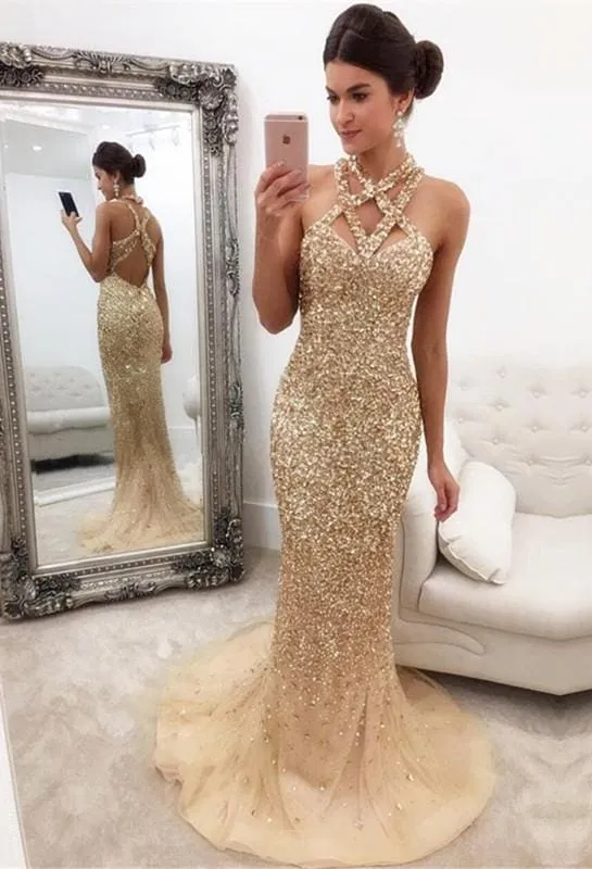 Bridelily Gorgeous Crystals Mermaid Sleeveless Halter Zipper-Back Prom Dress