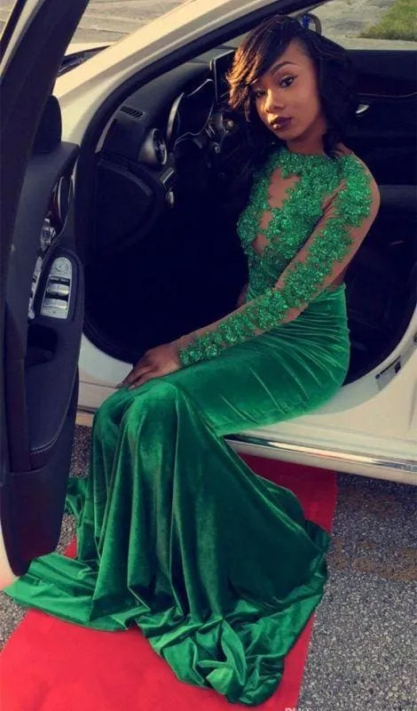 Bridelily Gorgeous Green Long-Sleeve Lace Appliques Split Mermaid Prom Dress