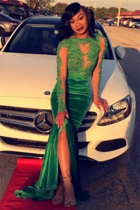 Bridelily Gorgeous Green Long-Sleeve Lace Appliques Split Mermaid Prom Dress