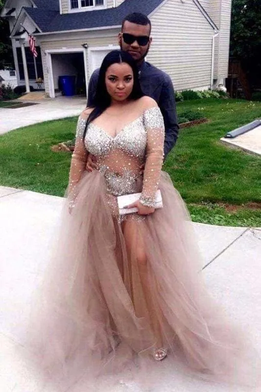 Bridelily Plus-Size Stunning Long-Sleeve Tulle Split Crystal Prom Dress