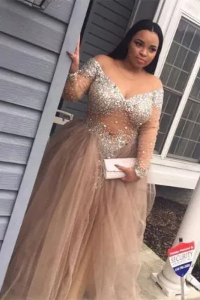 Bridelily Plus-Size Stunning Long-Sleeve Tulle Split Crystal Prom Dress