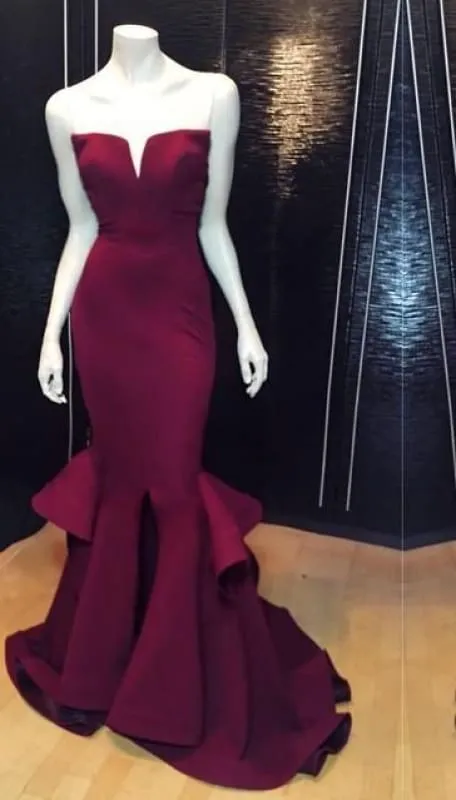 Bridelily Popular Burgundy Mermaid Long Evening Dress Sexy Simple Cheap Notched Slit Prom Gown CJ0397