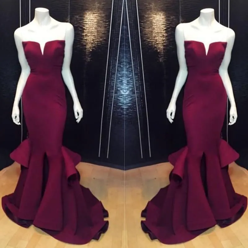 Bridelily Popular Burgundy Mermaid Long Evening Dress Sexy Simple Cheap Notched Slit Prom Gown CJ0397