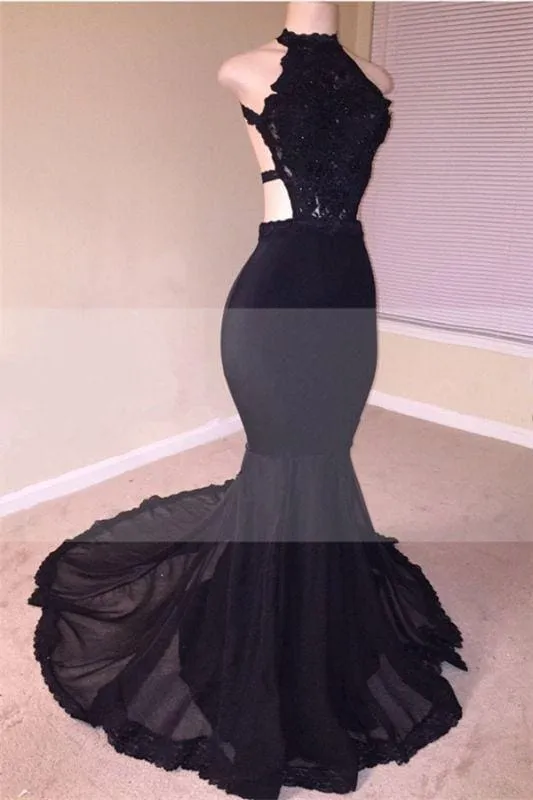 Bridelily Pretty Black Open Back Lace Prom Dresses | 2019 Sleeveless Pretty Tulle Cheap Evening Gown