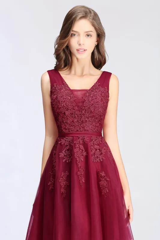 Burgundy Short Formal Gown Lace Applique V Neck Homecoming Dresses