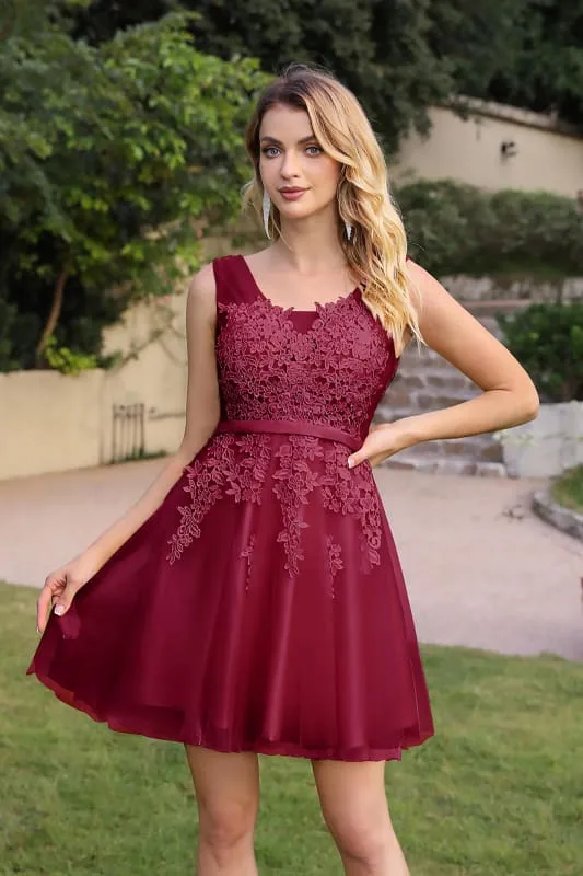 Burgundy Short Formal Gown Lace Applique V Neck Homecoming Dresses