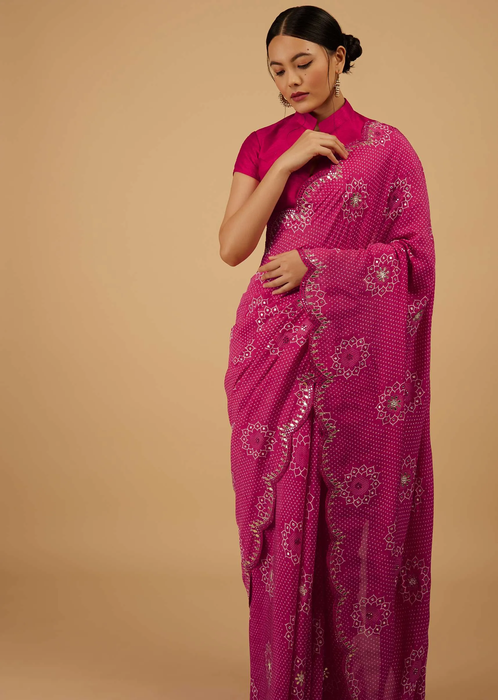 Festive Beetroot Azalea Bandhani Saree Embroidered In Muslin