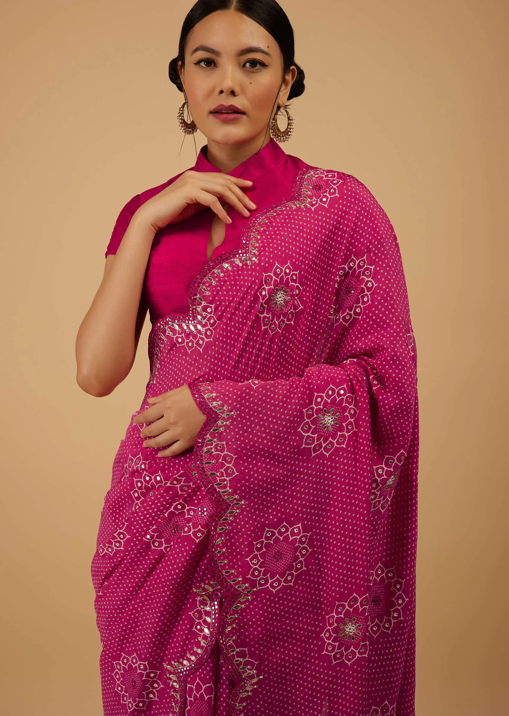 Festive Beetroot Azalea Bandhani Saree Embroidered In Muslin