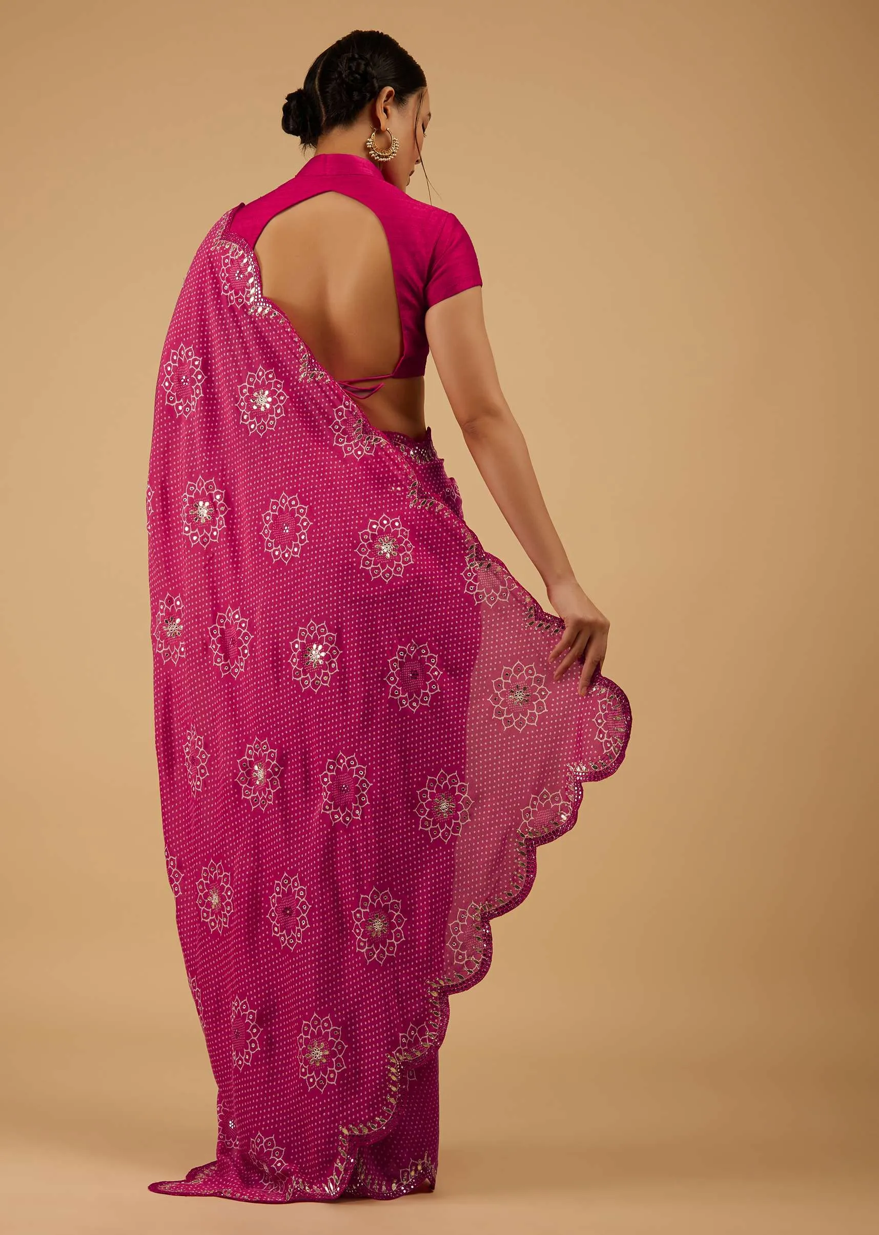 Festive Beetroot Azalea Bandhani Saree Embroidered In Muslin