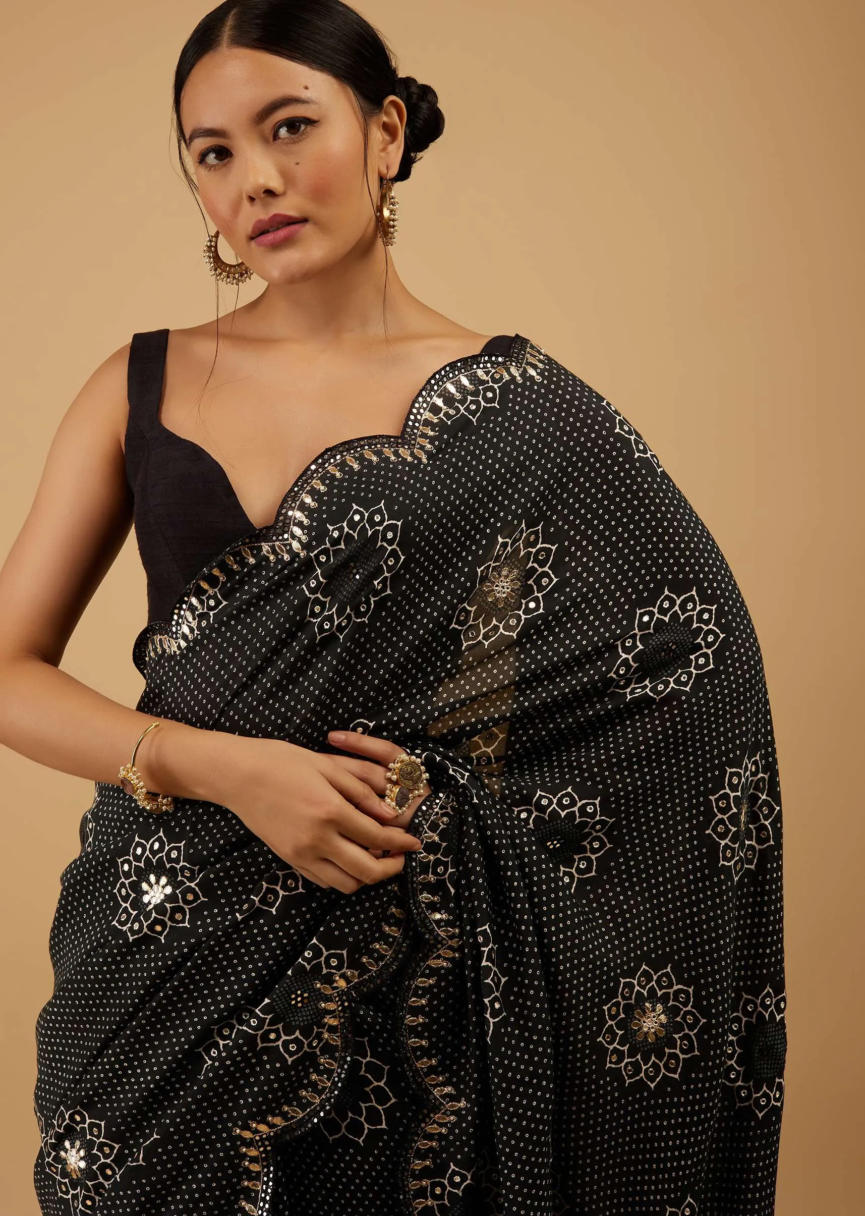 Festive Pirate Black Bandhani Saree Embroidered In Muslin