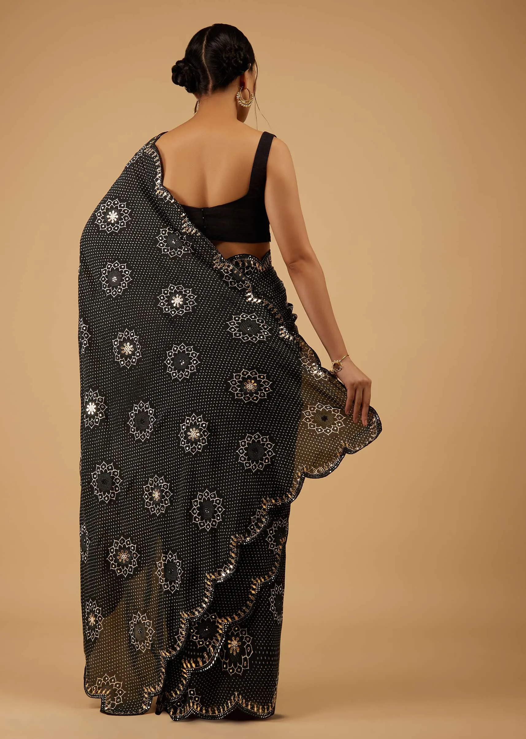 Festive Pirate Black Bandhani Saree Embroidered In Muslin