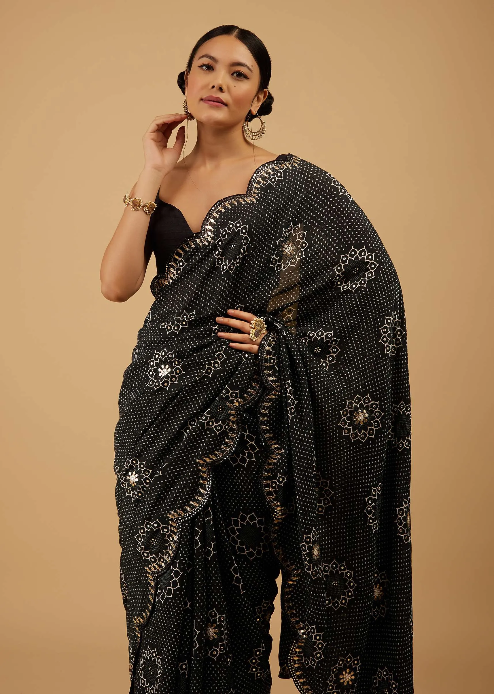 Festive Pirate Black Bandhani Saree Embroidered In Muslin