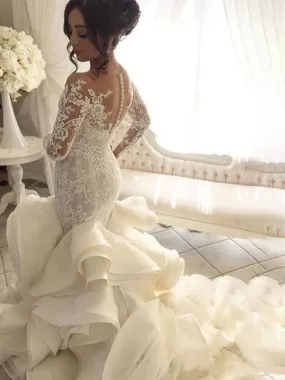 Gorgeous Long Sleeve Ivory Appliques Ruffles Wedding Gowns