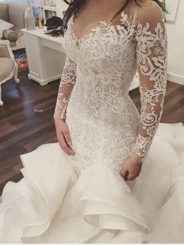 Gorgeous Long Sleeve Ivory Appliques Ruffles Wedding Gowns