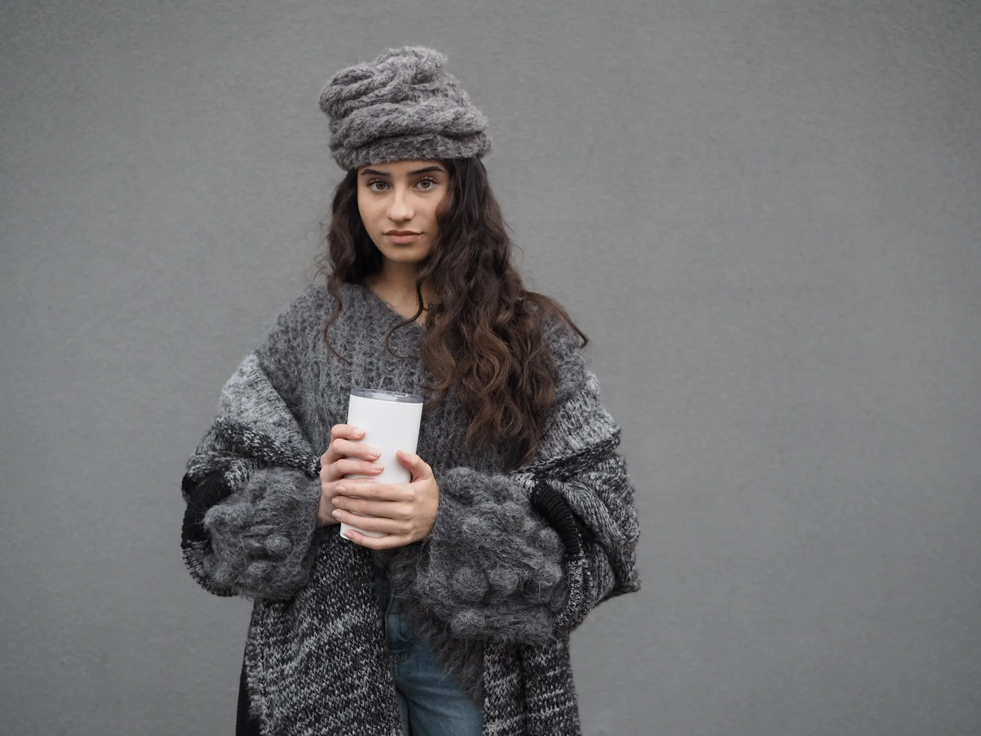 Hand knit cable beanie style Hat - (Alpaca) Rust