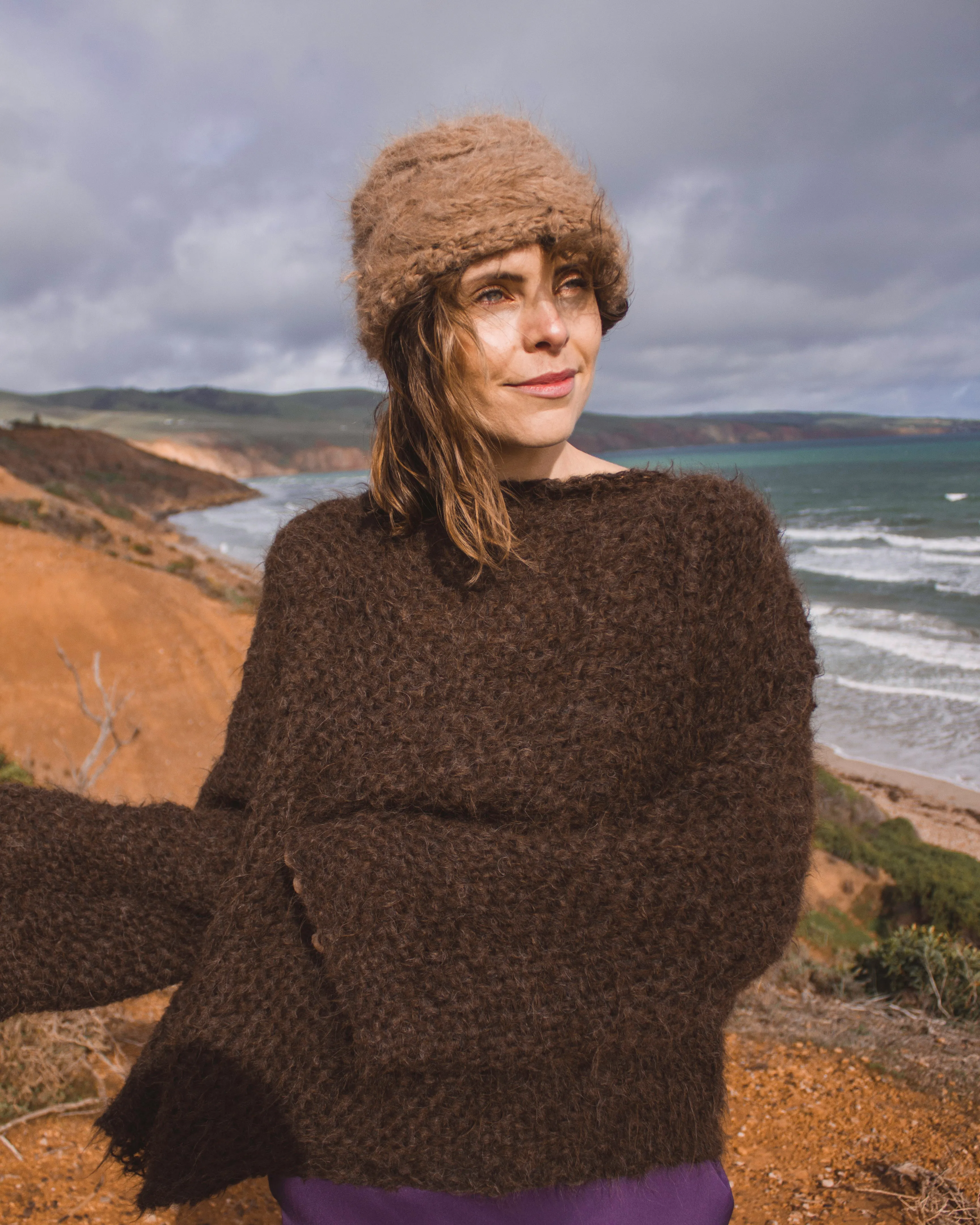 Hand knit cable beanie style Hat - (Alpaca) Rust