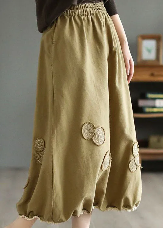 Handmade Khaki Embroideried Elastic Waist Patchwork Cotton Skirts Spring LY4140