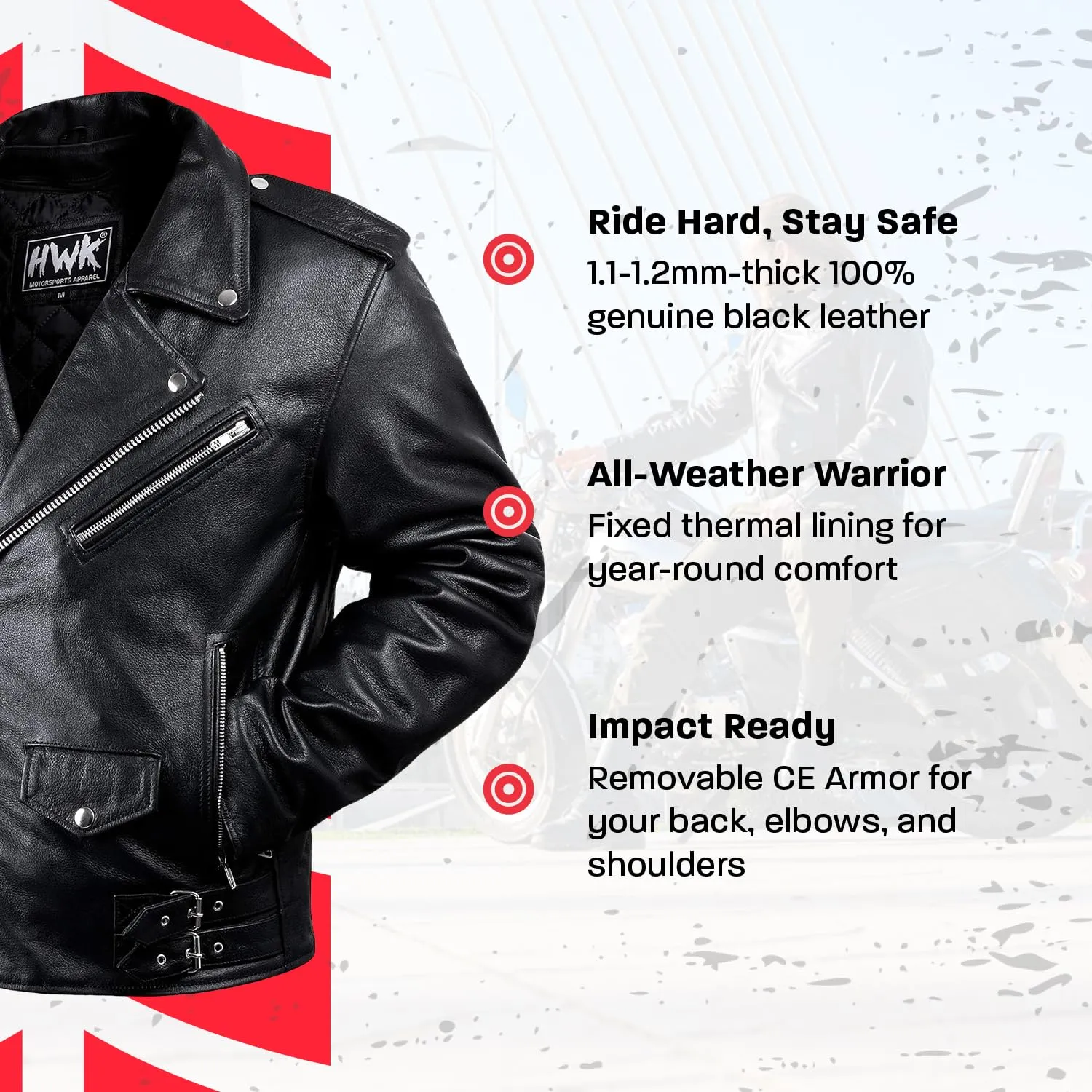 HWK Brando Leather Motorcycle Jacket for Men, Genuine Black Leather Jacket with Removable CE Armor for Motorbike Riding