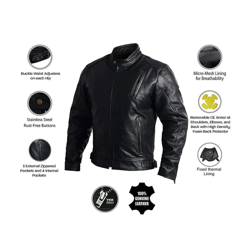 HWK Leather Motorcycle Jacket with Armor for Men, Cafe Racer Genuine Leather Jacket for Weather Resistant Riding