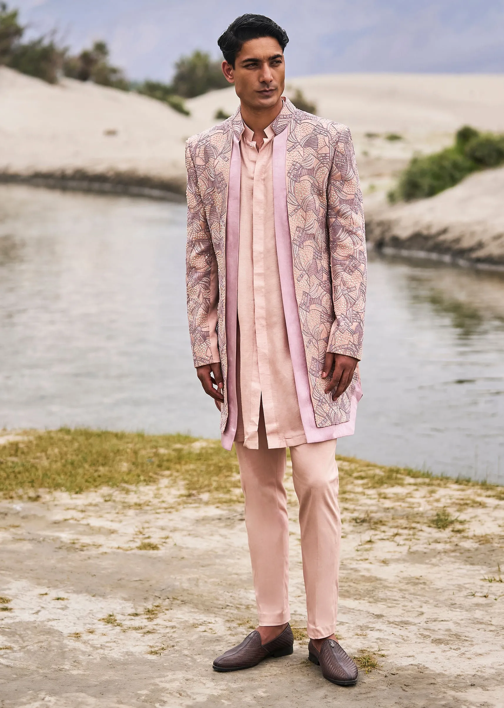 Peach Linen Sherwani With Hand Embroidery