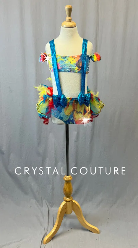 Primary Colored Two Piece with Feather Back Bustle & Suspenders - Rhinestones